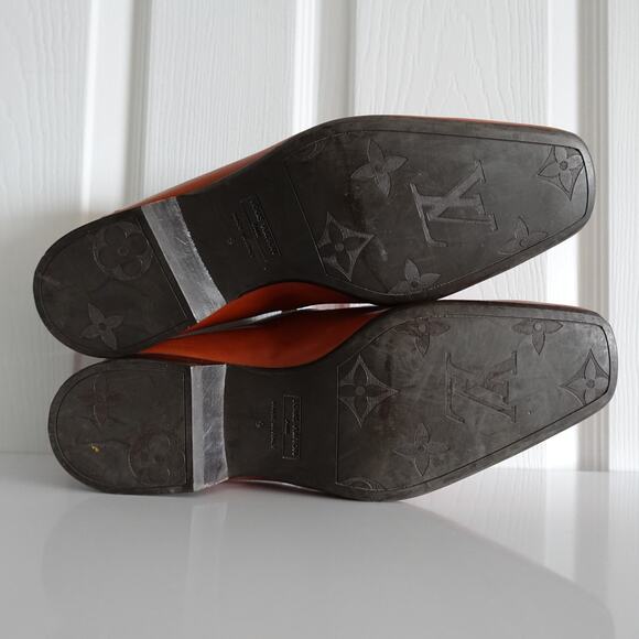 Louis Vuitton Tan Brown Orange Leather LV Gold Plaque Logo Square Toe Loafers - Picture 16 of 16
